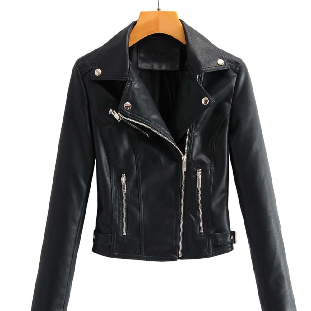 Black biker moto Vegan leather Zipper jacket motorcycle - Picture 2 of 7